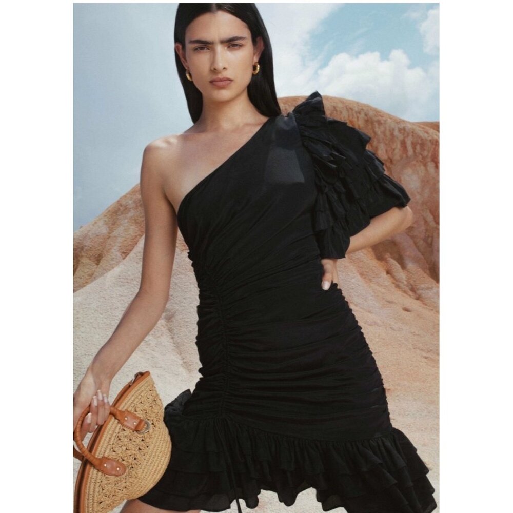 Magali Pascal Desa Black One-Shoulder Ruched Ruffle Adjustable Mini Dress Small